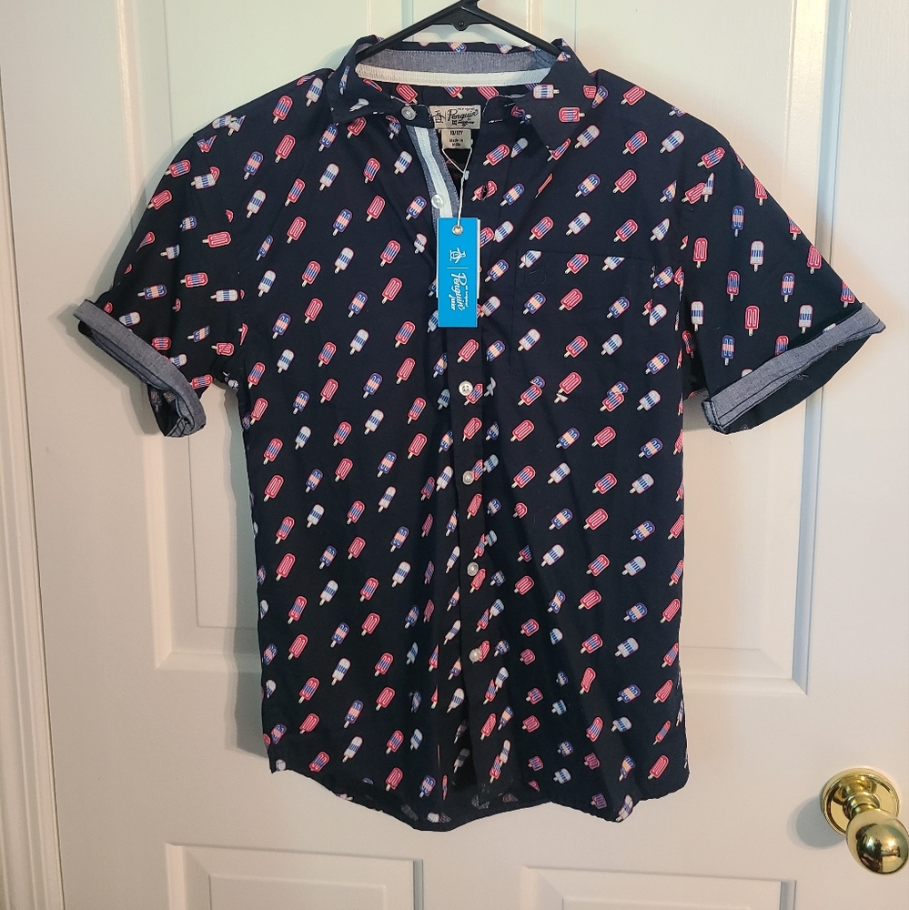 Penguin Boys Navy Ice Cream & Popsicle Pattern Button-Up 10/12 NWT